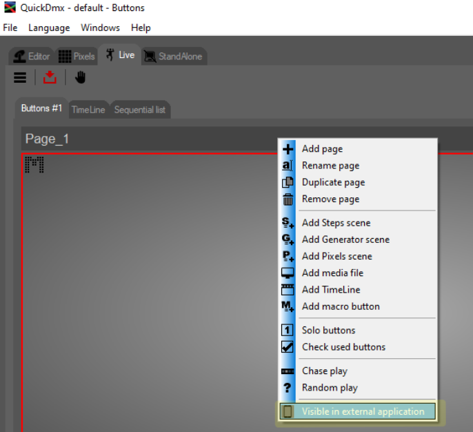 Option visible in external application option not show in Quick dmx program.