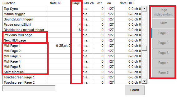 Here is an example with the options for programming midi pages